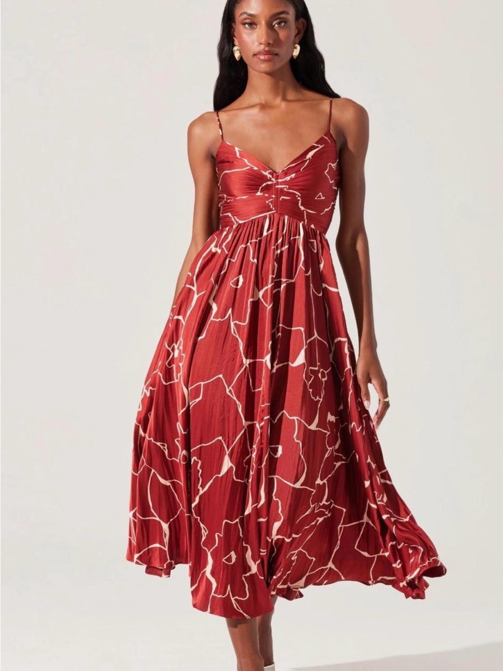 Astr Rust Red Floral Midi Dress with Cream Accents - Picture 1 of 5